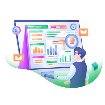A modern pastel illustration featuring a digital strategist standing in front of a large screen displaying a detailed online marketing plan. The strategist is a person with short, neatly styled hair, wearing glasses and professional attire. Various elements on the screen include colorful charts, graphs, and bullet points outlining strategies. Surrounding the screen are icons representing social media platforms, an email symbol, and a target. The room is bright and modern, adding to the professional atmosphere.