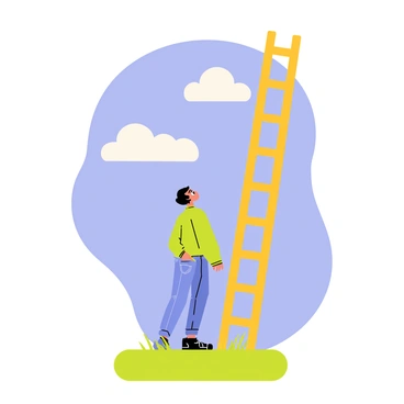 A person with short brown hair is standing at the base of a tall, wooden ladder. The ladder leans against a bright blue sky. The person is wearing a green shirt and jeans, looking up at the ladder with a thoughtful expression. The ground is green grass, and there are a few fluffy white clouds scattered in the sky, creating a sense of openness and possibility. The ladder is painted in a cheerful yellow color, inviting the person to contemplate the climb ahead.