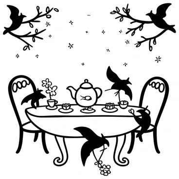 A vintage table set with an ornate teapot and delicate teacups, surrounded by multiple bats perched on the edges. Each bat is holding a small plate with pastries and sandwiches. There are small flower arrangements in the center of the table, and a few teacups are tilted as if some tea has just been poured. The setting includes a backdrop of leafy branches and twinkling stars overhead.