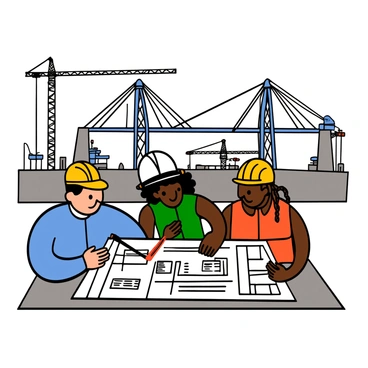A group of engineers from various countries working together at a bridge construction site. There are three engineers, each with distinct features: one has light skin and short black hair, wearing a safety helmet and a blue shirt; another has dark skin and curly hair, wearing a white hard hat and a green vest; the third has medium skin and long braided hair, wearing a yellow helmet and an orange reflective jacket. They are collaborating around a large blueprint spread out on a table, pointing at different sections and discussing details. The background shows a large bridge structure under construction, with cranes and scaffolding.