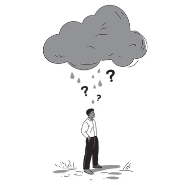 A grey cloud is hovering above a person standing in a field. The cloud is dark and heavy, releasing droplets of rain that are shaped like question marks and exclamation points. The person below has a thoughtful expression, with droplets of rain landing around them, creating small puddles on the ground. The setting is a dramatic scene, emphasizing the contrast between the cloud and the individual.