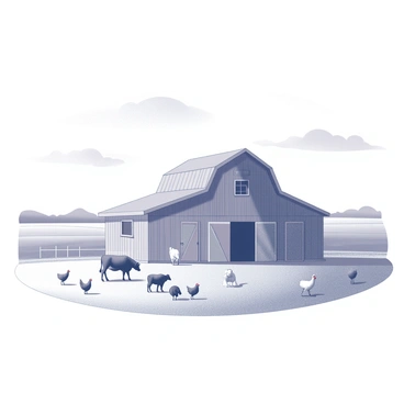 A farm landscape featuring a large barn with a prominent gabled roof. The barn is positioned centrally and showcases two large doors. Various animals are present in the scene, including a group of cows grazing in the foreground, several chickens pecking at the ground, and a sheep standing nearby. The background consists of a stretch of green fields and a distant fence line. A span of open sky fills the upper portion of the image, with a few clouds scattered throughout.