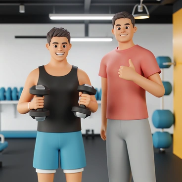 Two friends are inside a gym, surrounded by various workout equipment. One friend, wearing a black tank top and blue shorts, is standing with a dumbbell in each hand, performing front raises with focused determination. The other friend, dressed in a red t-shirt and gray joggers, is standing beside them with a supportive smile, giving a thumbs-up. Bright overhead lights illuminate the space, creating a vibrant atmosphere filled with energy and motivation. The background features gym equipment, including weights and benches, enhancing the fitness environment.