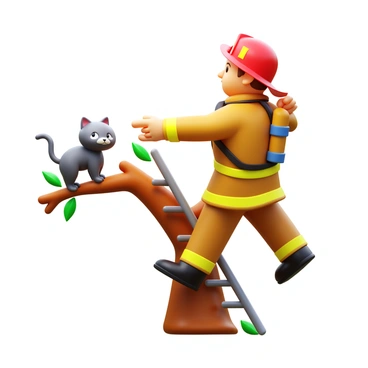 A firefighter in full gear, including a helmet and protective coat, is gently reaching towards a small, fluffy gray kitten perched on a tree branch. The firefighter's outstretched hand is just inches away from the kitten, who looks curious and a bit nervous. Below, the firefighter's ladder leans against the sturdy trunk of the tree, while a few leaves flutter in the breeze. The scene captures the moment of rescue, highlighting the bravery and compassion of the firefighter.