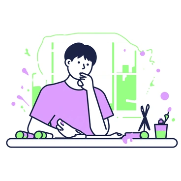A student is seated at a desk, focused on an exam piece in front of them. The student has a thoughtful expression, with furrowed brows and slightly pursed lips. They have short hair and are wearing a plain shirt. In front of them, the exam paper features various shapes and patterns. Surrounding the paper are colorful art supplies, including brushes and paint tubes with their caps off. There are splashes of green and purple paint on the desk, indicating the student's emotional expression through their artwork. In the background, a window lets in natural light, illuminating the scene.