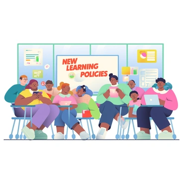 A diverse group of students is seated at desks in a modern classroom, each using tablets or laptops for their schoolwork. The students come from various backgrounds, with different hair colors and styles, showcasing an inclusive environment. Some students are focused on their screens, while others are collaborating and discussing their work. The classroom walls are adorned with colorful educational posters, and a large whiteboard at the front displays “New Digital Learning Policies” in bold letters. Natural light floods in through large windows, illuminating the space and creating a vibrant atmosphere.