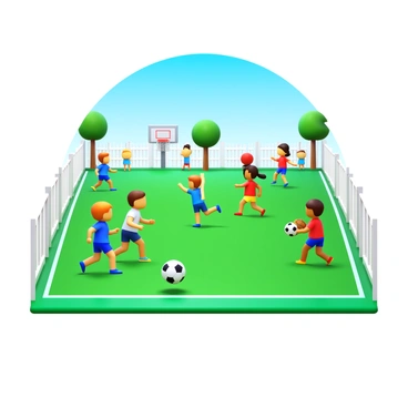 A 3D illustration of students playing on a school sports field. The scene includes several students engaged in various sports activities. One group is playing soccer, with a soccer ball being kicked by a student wearing a blue jersey. Another student is running with a basketball towards a hoop in the background. There are students practicing gymnastics on the grass, and some others are cheering on the sidelines. The sports field is surrounded by a white fence, and a few trees are visible in the background under a clear blue sky.