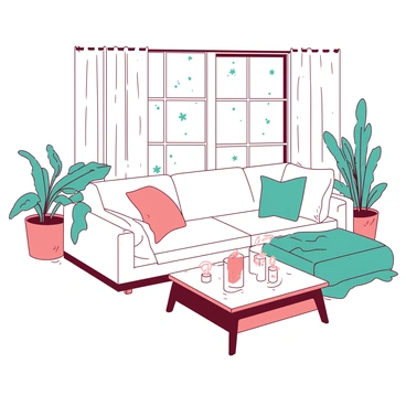 A white cozy living room features a large, soft sofa adorned with plush throw pillows. On a wooden coffee table in front of the sofa, there are several lit candles, casting a flickering glow. The walls are painted in a warm tone, and a large window showcases falling snowflakes outside. A teal blanket is draped over the arm of the sofa. A few potted plants are placed in the corners of the room, adding a touch of green to the warm atmosphere. A gentle light from the candles illuminates the room, enhancing the inviting feel of the space.