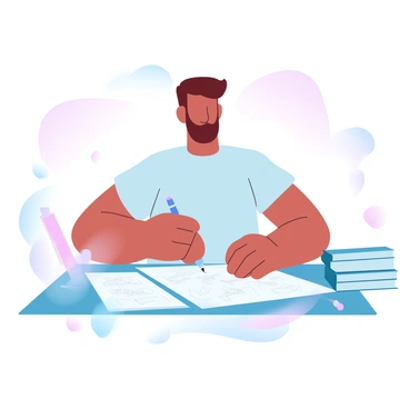 A student is sitting at a desk with a sheet of paper in front of them, covered in sketches and notes. The student is wearing a simple t-shirt and has a pencil in hand, poised above the paper. The background features a soft blur of pastel colors, creating a calm atmosphere. Next to the student, there are art supplies scattered, including colored pencils and erasers. A small stack of sketchbooks is visible to one side, hinting at their artistic endeavors.