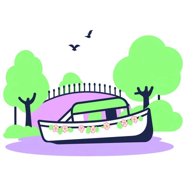 A narrow canal boat is gliding smoothly through a tranquil canal. The boat is adorned with vibrant flowers along its sides, creating a colorful display. On the boat, there is a small green canopy providing shade. The water is calm and reflects the surrounding greenery. Lush trees line the banks of the canal, and a stone bridge arches gracefully in the background. A few small birds can be seen flying overhead. The scene captures a peaceful day, with clear skies.