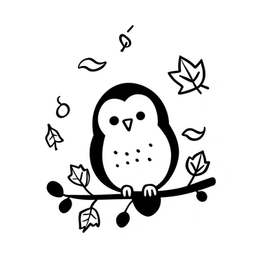 A baby owl sitting on a branch, with its feathers detailed and fluffy. Around the owl, there are various falling leaves scattered through the air, with different shapes and sizes, resembling autumn foliage. The leaves display intricate veining patterns, and some are depicted gently landing on the branch beside the owl.