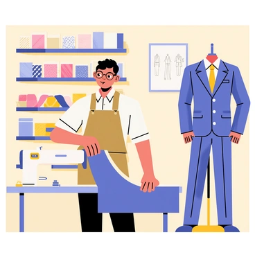 A tailor with glasses and a measuring tape is carefully measuring a length of navy blue fabric on a wooden table. The shop features shelves lined with various rolls of colorful fabrics, including checked and striped patterns. A sewing machine sits nearby, with a pair of scissors and a notepad beside it. The walls of the shop are adorned with framed fashion sketches. A mannequin dressed in a partially completed suit stands in the corner, showcasing the tailor's craftsmanship.