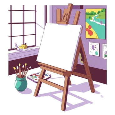 A wooden easel stands firmly in the center of an artist's studio, holding a blank illustration board. The easel is made of polished oak, showcasing its rich wood grain. Surrounding the easel are various art supplies, including paintbrushes in a teal jar and tubes of paint scattered across a white table. Natural light streams through a nearby window, casting soft shadows on the easel and illuminating the workspace. The walls of the studio are adorned with colorful paintings and sketches, creating a vibrant atmosphere.