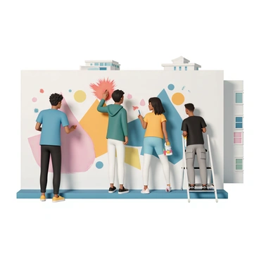 A group of TAFE students, consisting of four individuals, is actively painting a large collaborative mural on a campus wall. One student, wearing a blue shirt and black jeans, holds a paintbrush, carefully applying bright red paint to the mural. Another student, dressed in a green hoodie and denim shorts, is adding vibrant yellow accents. A third student, in a yellow tank top and white leggings, is standing on a ladder, painting intricate details at the top of the mural. The fourth student, wearing a black t-shirt and cargo pants, is mixing paint colors on a palette. The mural features abstract shapes and colorful patterns that reflect creativity and teamwork. In the background, the campus buildings are visible, creating a lively atmosphere of artistic expression.