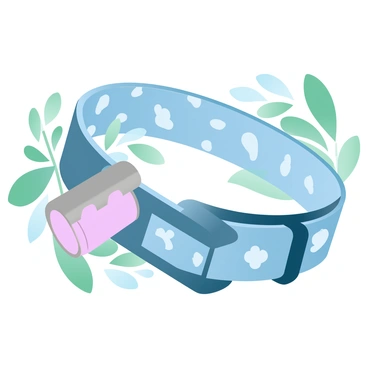 A dog collar featuring various animal prints, including spots, stripes, and fur patterns. The collar is adorned with small binoculars attached to one side, giving it a safari theme. The background consists of leafy green jungle foliage that enhances the adventurous feel of the design. The prints are presented in vibrant colors to highlight the different animals represented. The binoculars are metallic with a shiny finish, contrasting with the textured fabric of the collar.