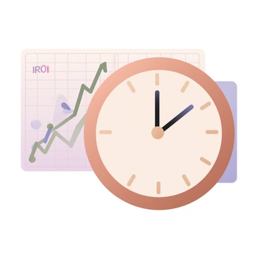 A digital flat illustration featuring a large, round clock in the foreground with its hands actively moving, indicating a specific time. The clock has a classic design, with bold numerals and a wooden frame. In the background, there are multiple line graphs representing ROI growth, with rising lines in green and blue against a soft gradient backdrop. The graphs are arranged in layers, creating depth, and some have data points marked with small circles. Subtle grid lines are visible in the background, adding a structured look to the scene.