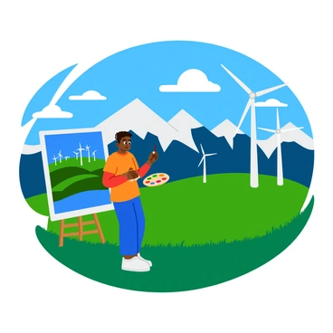 An artist is standing on a grassy hill, intently painting a vibrant landscape. The canvas displays a wide view of majestic mountains in the background, their peaks dusted with white snow. In the foreground, several sleek wind turbines spin gently, their large blades catching the sunlight. The artist holds a palette filled with bright colors, and a brush in hand, focused on capturing the details of the scene. The sky above is a bright blue with fluffy white clouds scattered across it. The entire scene is filled with lively colors and clear outlines, emphasizing the beauty of nature and the artist's dedication.