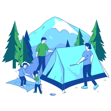 A group of four people is setting up a large blue tent in a mountainous area. The family consists of two adults and two children. One adult is holding the tent poles while the other is spreading out the tent fabric on the ground. The children are assisting by holding the corners of the tent. In the background, there are tall green pine trees, their needles creating a rich canopy above. The mountains rise majestically behind the family, their rocky surfaces partially covered with patches of white snow. The sky is clear and bright, adding to the vibrant atmosphere of the scene.