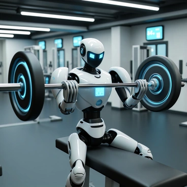 A futuristic robot, designed with sleek metallic surfaces and glowing blue accents, is positioned at a weight bench in a high-tech gym. The robot's arms are extended, lifting a heavy barbell equipped with digital weights. Its body features articulated joints, showcasing advanced technology and precision engineering. The gym environment around it is filled with advanced exercise machines and screens displaying workout statistics. Bright LED lights illuminate the space, reflecting off the robot's polished exterior as it strains to complete the bench press.