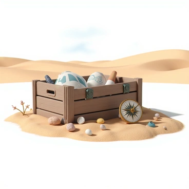 A wooden crate, partially buried in fine golden sands, is surrounded by scattered small stones and dried plants. The crate is weathered, showing signs of age with cracked wood and rusty metal hinges. Inside the crate, various ancient relics are visible, including a tarnished brass compass, a beautifully patterned ceramic jar, and a delicate silver necklace. The relics glimmer in the bright desert sun, casting faint reflections on the surrounding sand. In the background, rolling dunes stretch into the distance under a clear blue sky.