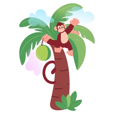 A playful monkey is sitting atop a tall coconut tree, with its arms extended towards the coconuts hanging from the branches. The monkey has a fluffy tail that curls around the trunk of the tree. The coconuts are large and green, contrasting against the brown bark of the tree. Lush green leaves surround the monkey, creating a vibrant tropical atmosphere. The sky in the background is a soft gradient of pastel colors, enhancing the overall cheerful scene.