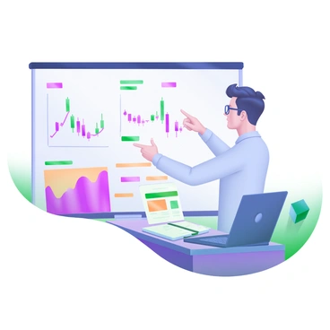 A financial analyst standing in front of a whiteboard, pointing at a fluctuating chart with rising and falling lines. The analyst is wearing a light blue shirt and glasses, with a focused expression. The whiteboard is filled with various colored graphs and numbers, showcasing financial data. Surrounding the analyst, there are notes and a laptop placed on a nearby table, contributing to a professional atmosphere.