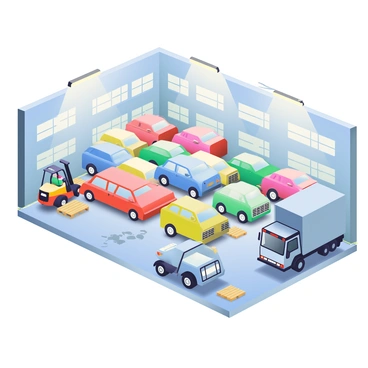 A large warehouse interior is filled with various cars waiting to be picked up. The cars are arranged in neat rows, showcasing different colors and models. Bright lights overhead illuminate the space, reflecting off the glossy surfaces of the vehicles. A transport truck is parked at the entrance, ready to load the cars. There are forklifts and pallets scattered around, indicating ongoing activity. The concrete floor is polished and clean, with a few tire marks visible from previous movements.