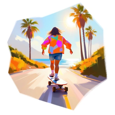 A longboarder wearing a brightly colored 70s style shirt with bold patterns and denim shorts is gliding effortlessly along a scenic coastal route. The sun is shining brightly, casting warm light over the landscape. The longboard is decked out with classic wheels, and the rider has long hair flowing in the breeze. In the background, palm trees sway gently, and the ocean sparkles with the reflection of the sunlight. The road curves gently, bordered by lush greenery, creating a vibrant and lively atmosphere. The scene captures the essence of freedom and adventure.