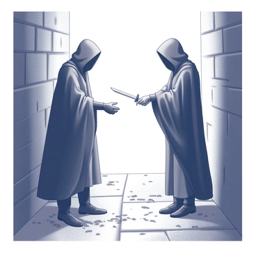 Two cloaked figures stand in a dimly lit alley. The first figure is leaning slightly forward, extending a hand with a "glinting dagger" held firmly. The dagger reflects minimal light, suggesting its sharpness. The second figure, shrouded in a dark, flowing cloak, reaches out to accept the dagger, their face obscured by the hood. The alley is narrow, with stone walls rising on either side, creating a sense of confinement and secrecy. Shadows dance along the surfaces, adding to the mysterious atmosphere. The ground is uneven, with cobblestones partially covered in debris.