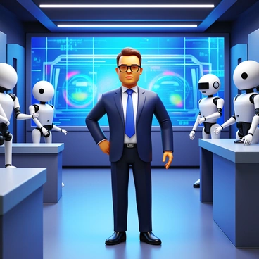 A tech CEO in formal attire, wearing a sleek suit and glasses, stands confidently in a futuristic laboratory. The laboratory is filled with various robots of different designs, some humanoid and others resembling machines, all engaged in tasks. Bright screens display complex data and AI algorithms in vibrant colors. The environment features glossy surfaces and high-tech equipment, with a backdrop of glass walls showing advanced technology in action. "Innovative AI Solutions" is displayed prominently on one of the digital panels. The atmosphere conveys a sense of cutting-edge technology and innovation.