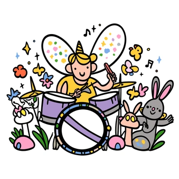 A small fairy with iridescent wings and a playful smile is sitting at a sparkling drum kit. The drum kit is adorned with glittering gems and emits colorful lights as it is played. Surrounding the fairy are enchanting creatures, including a tiny unicorn with a shimmering mane, a playful sprite with big eyes and colorful hair, and a fluffy bunny with long ears, all watching the fairy with delight. The background is filled with vibrant flowers and softly glowing mushrooms, creating a magical atmosphere.