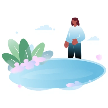 A person standing by a tranquil pool is gazing at their reflection in the water. The surface of the pool is smooth, creating a mirror-like effect. Surrounding the pool are lush green plants and soft pastel-colored flowers. The person's silhouette is clearly visible, surrounded by the gentle ripples that distort their reflection slightly. The atmosphere is serene, evoking a sense of contemplation and introspection about change.