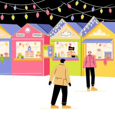 A vibrant holiday festival scene filled with colorful string lights hanging above illuminated stalls. Each stall showcases various festive items, with decorations and treats visible. One person, dressed in a warm coat, is walking away from the festival, creating a contrast with the lively surroundings. Their solitary figure adds a sense of introspection amidst the joyful atmosphere of the festival.