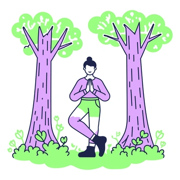 A forest scene featuring tall trees with detailed bark and green leaves. In the center, a person is depicted in the "namaste" pose, standing with hands pressed together at their chest. The person is wearing comfortable outdoor clothing and has a calm expression on their face. Sunlight is filtering through the leaves, casting dappled shadows on the ground. The forest floor is covered with a mix of green foliage and small plants, creating a natural environment around the figure.