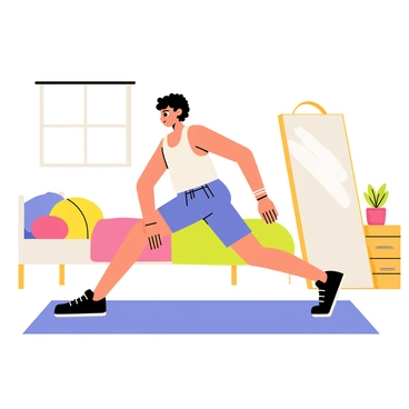 A person performing reverse lunges in a brightly lit bedroom. The individual is wearing workout attire, including a tank top and athletic shorts. The bedroom features a neatly made bed with colorful bedding and a wooden nightstand beside it. A large window allows natural light to pour in, illuminating the room. A yoga mat is laid out on the floor, providing a comfortable surface for exercise. In the background, there is a mirror reflecting the person's form as they engage in the lunging motion. A small indoor plant adds a touch of greenery to the space.