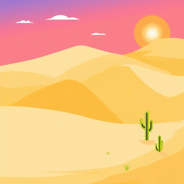 A vast desert landscape featuring rolling golden sand dunes. The sand dunes are smooth and gently curved, creating soft shadows in the late afternoon light. In the background, a brilliant sunset fills the sky with vibrant shades of orange, pink, and purple. Small wispy clouds reflect the colors of the sunset, adding depth to the scene. The foreground includes a few scattered cacti and small desert plants, adding a touch of greenery to the sandy terrain.