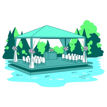 A teal floating pavilion is situated on a shimmering lake, surrounded by lush green trees. The pavilion is elegantly decorated with white drapes flowing gently in the breeze. There are rows of white chairs neatly arranged on the pavilion's deck, all facing a beautifully adorned altar in the center. Delicate floral arrangements in shades of pink are placed on either side of the altar. The water of the lake reflects the colors of the sky, creating a picturesque setting for the wedding ceremony.