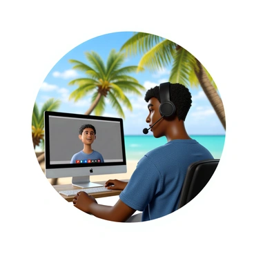 A person with light brown skin and short curly hair sits in front of a computer during a Zoom call. They are wearing a casual blue t-shirt and have a pair of black headphones around their neck. The background showcases a vibrant tropical beach scene, complete with palm trees swaying gently and clear turquoise water. The person appears engaged in conversation, with a slight smile on their face, as bright sunlight filters through the palm leaves in the background.