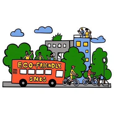 A bright red double-decker bus with large eco-friendly slogans written in bold letters on its sides is driving through a vibrant green urban area. The bus is surrounded by lush trees and plants, adding to the greenery of the environment. In the background, there are modern buildings with green rooftops and solar panels visible. The sky is clear with a few fluffy clouds, and people are seen walking on the sidewalks, some on bicycles, enjoying the clean and green atmosphere.
