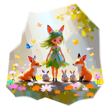 A whimsical forest spirit with delicate features and flowing green hair stands gracefully among a vibrant display of wildflowers. The spirit wears a dress made of leaves and petals, blending harmoniously with the natural surroundings. Surrounding the spirit are various woodland creatures, including a curious fox with bright orange fur, a small group of rabbits with soft gray and white coats, and a few colorful butterflies fluttering nearby. The scene is filled with lush greenery, and beams of sunlight filter through the trees, casting gentle light on the playful interaction among the spirit and the animals.