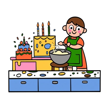 A child helping in the kitchen to bake a birthday cake with flour and colorful ingredients