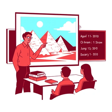 A red history teacher is standing in front of a white projector screen, pointing with enthusiasm at an illustration of the pyramids. The teacher is wearing glasses and has a stack of books on a desk beside him. The illustration on the screen displays the pyramids against a backdrop of a clear blue sky, with the sun shining brightly overhead. Students seated at their desks are looking up at the screen, absorbing the information, while a chalkboard behind the teacher features various historical notes and dates.