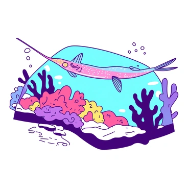 A slender fish with iridescent scales is swimming gracefully among the coral structures. The fish features elongated fins that flutter gently with the water's movement. Surrounding the fish, the vibrant coral reef displays a variety of shapes and colors, creating a lively underwater scene. Bright coral formations in contrasting colors provide a striking backdrop, enhancing the visual harmony of the underwater world.