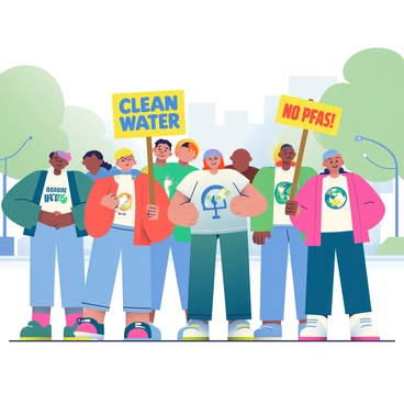 A diverse team of activists stands together during a peaceful protest. They are holding bright signs that read "Clean Water" and "No PFAS!" in bold letters. The activists include individuals of various ages and ethnicities, each passionately engaged in the cause. Some are wearing casual clothing, while others don t-shirts with environmental graphics. The background features a cityscape with trees lining the street, emphasizing the urban setting of the protest. The scene captures a sense of unity and determination among the activists as they advocate for clean water.