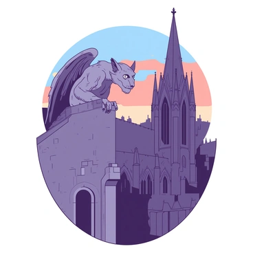 A grey stone gargoyle with intricate details is perched atop a tall gothic cathedral, its wings folded against its back. The gargoyle has an expressive face with sharp features, gazing down over the city below. The cathedral is adorned with pointed arches and elaborate carvings, rising majestically into the sky. The background features a twilight sky with a soft gradient of orange and blue hues. The gargoyle's stone texture contrasts with the smooth surfaces of the cathedral, creating a striking visual against the urban landscape.