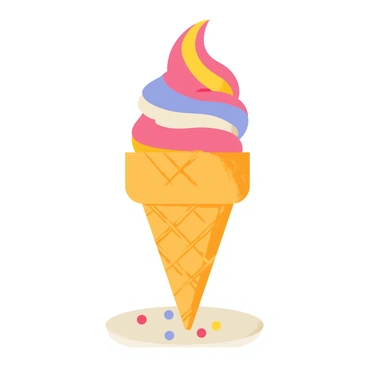 A delicious ice cream cone with a textured waffle pattern. The ice cream on top is vibrant, featuring colorful swirls in a bullseye pattern, with shades of pink, blue, and yellow radiating outward. The cone is positioned upright on a simple white plate, and there are small sprinkles scattered around it, adding extra color and fun.