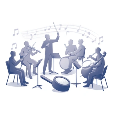 An orchestra formed by various immune cells arranged in a grand setting. The conductor, resembling a macrophage, stands confidently at the front, baton raised high in the air. T cells, outlined with distinct shapes, are positioned in the strings section, their hands gripping violins and cellos. In the brass section, B cells are poised with trumpets and horns, ready to play. Neutrophils, depicted as energetic drummers, are energetically striking a large bass drum. Each immune cell is engaged in their performance, creating a visual representation of harmony and collaboration. The background features musical notes swirling in the air, symbolizing the symphony of health they collectively produce.