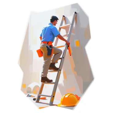 A person with medium skin climbing a wooden ladder, which has a missing rung located halfway up. The individual is wearing a bright blue shirt and sturdy work boots, demonstrating a determined expression as they reach upward. The scene captures the moment just before they step onto the next rung, with one foot hovering in the air. The ladder leans against a textured wall, and the background features scattered tools and work materials, indicating a construction or renovation setting.
