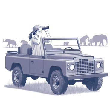 A woman is seated in an open-top safari jeep. She is holding a pair of binoculars up to her eyes, intently observing the wildlife in the surroundings. The jeep has large, rugged tires suited for off-road terrain. In the background, there are silhouettes of various animals, including a group of elephants and a pride of lions in the distance. The woman has brown hair pulled back in a ponytail, and she is wearing a khaki shirt and a wide-brimmed hat to protect herself from the sun. The safari landscape is expansive, with tall grasses and acacia trees dotting the horizon.