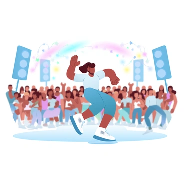 A vibrant music festival scene features a crowd of people enjoying the event. In the foreground, a person is dancing enthusiastically, wearing colorful clothing that reflects the festive atmosphere. Around them, the crowd is filled with individuals in various outfits, all moving to the rhythm of the music. Above the crowd, a rainbow of lights illuminates the scene, casting colorful beams that create a joyful ambiance. The background includes large speakers and decorations, enhancing the celebratory feel of the festival.